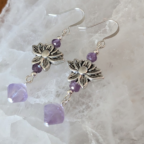 Amethyst and Ametrine Lotus Earrings - Picture 1 of 5